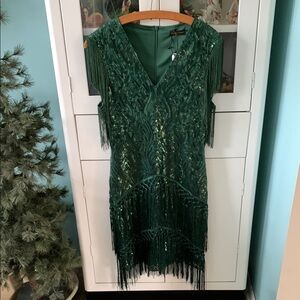 Babeyond sz L Green Fringe Sequin Dress nwt flapper style